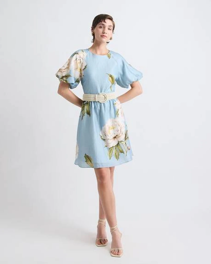Short-Puffy-Sleeve Crew-Neck Mini Dress