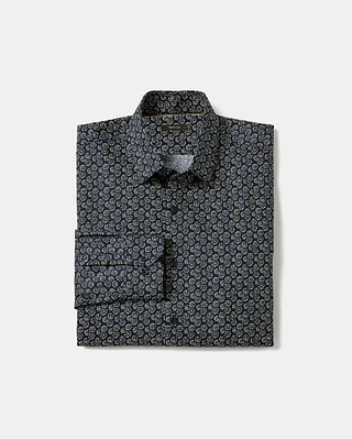Navy Slim-Fit Dress Shirt with Floral Pattern