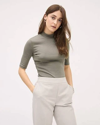 Elbow-Sleeve Mock-Neck Fitted Ribbed Tee