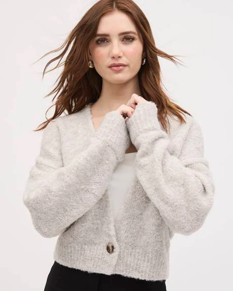 Long-Sleeve Buttoned-Down Bouclé Cardigan