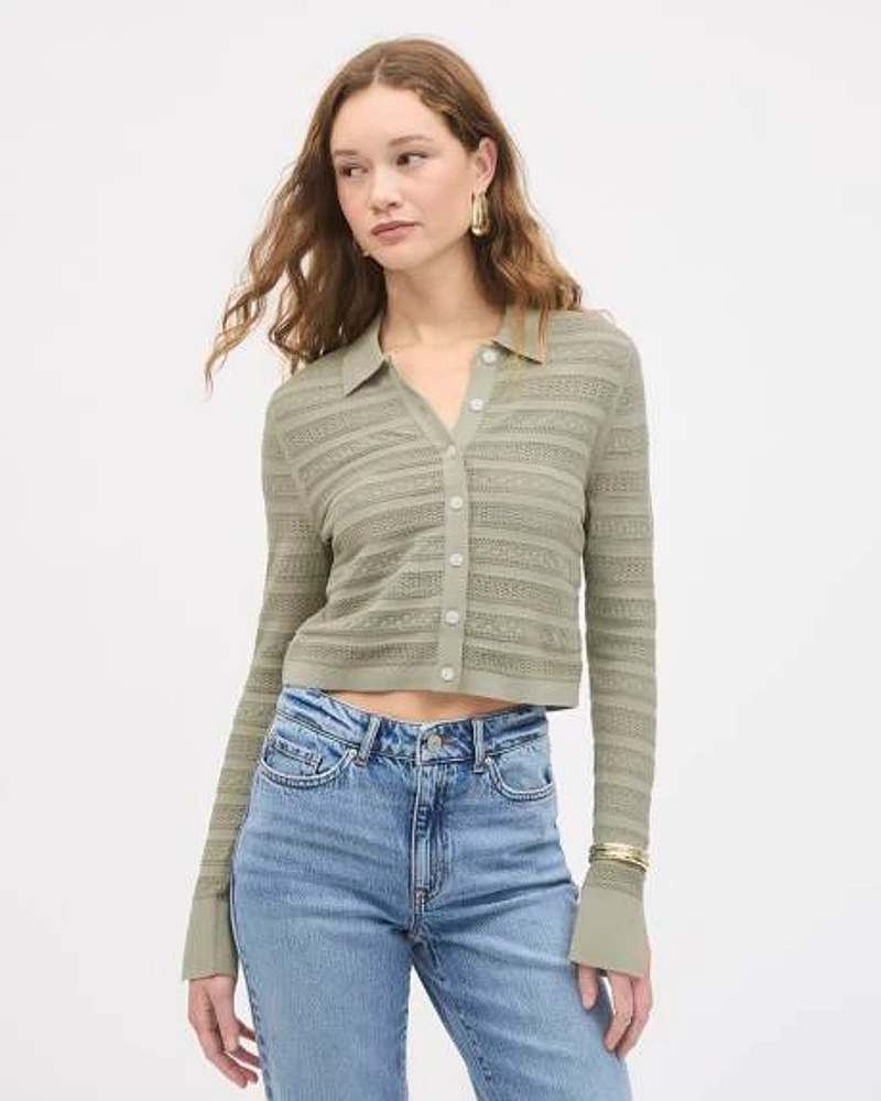 Cropped Cardigan with Shirt Collar