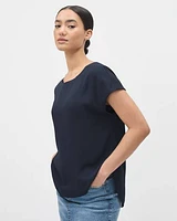 Solid Short-Sleeve Crew-Neck Silky Crepe Blouse