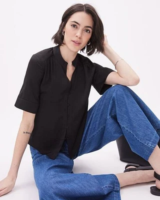 Short-Sleeve Buttoned-Down Satin Blouse