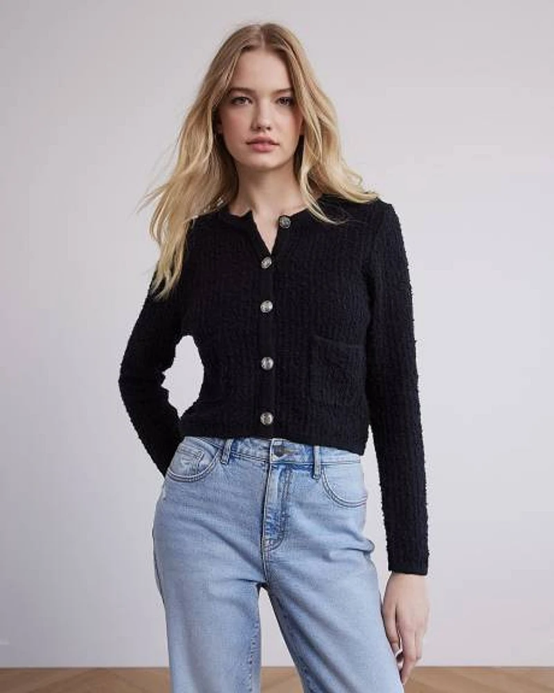 Tweed Long-Sleeve Crew-Neck Cropped Cardigan