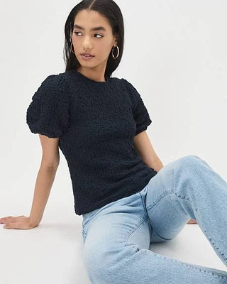 Crew-Neck Textured Top with Short Puffy Sleeves