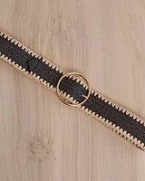 Black and Beige Raffia Belt with Round Buckle