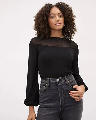 Long-Sleeve Crew-Neck Top with Mesh Yoke