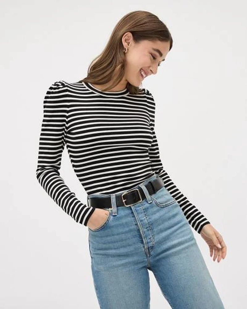 Long-Sleeve Crew-Neck Ribbed Top with Stripes