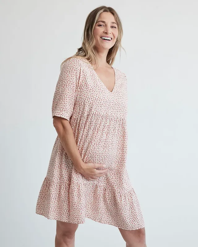 RW&CO Linen Blend Smocked Short Sleeve Midi Dress - Thyme Maternity