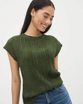 Crew-Neck Crinkled-Knit Tee with Cap Sleeves