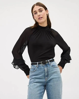 Long-Sleeve Mock-Neck Top with Ruffles