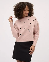 Long-Sleeve Crew-Neck Pullover with Heart Embroideries