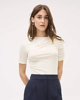 Elbow-Sleeve Crew-Neck Ribbed Top with Shirred Details