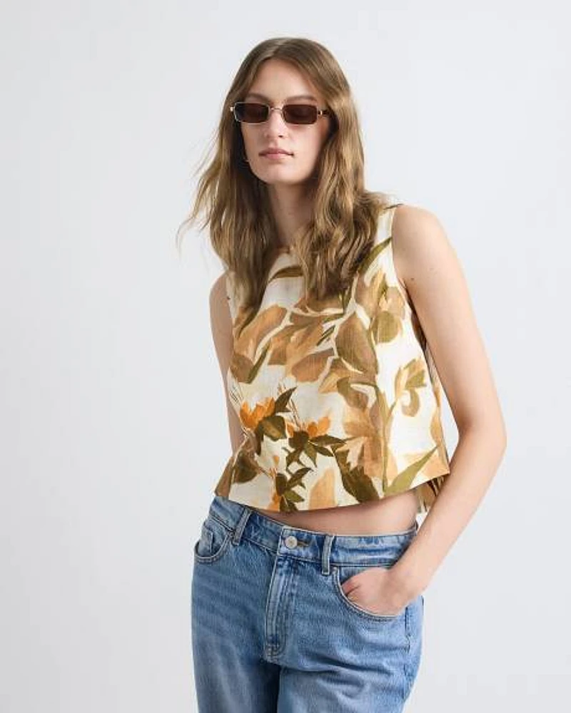 Blouse Sans Manches à Col Rond en Mélange de Lin