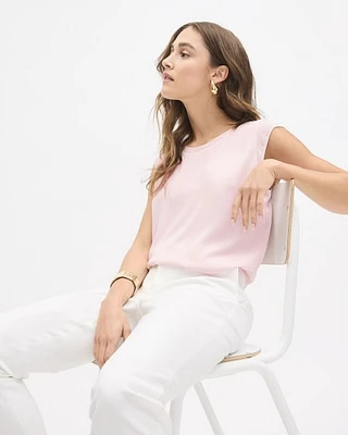 Solid Cap-Sleeve Crew-Neck Silky Crepe Blouse
