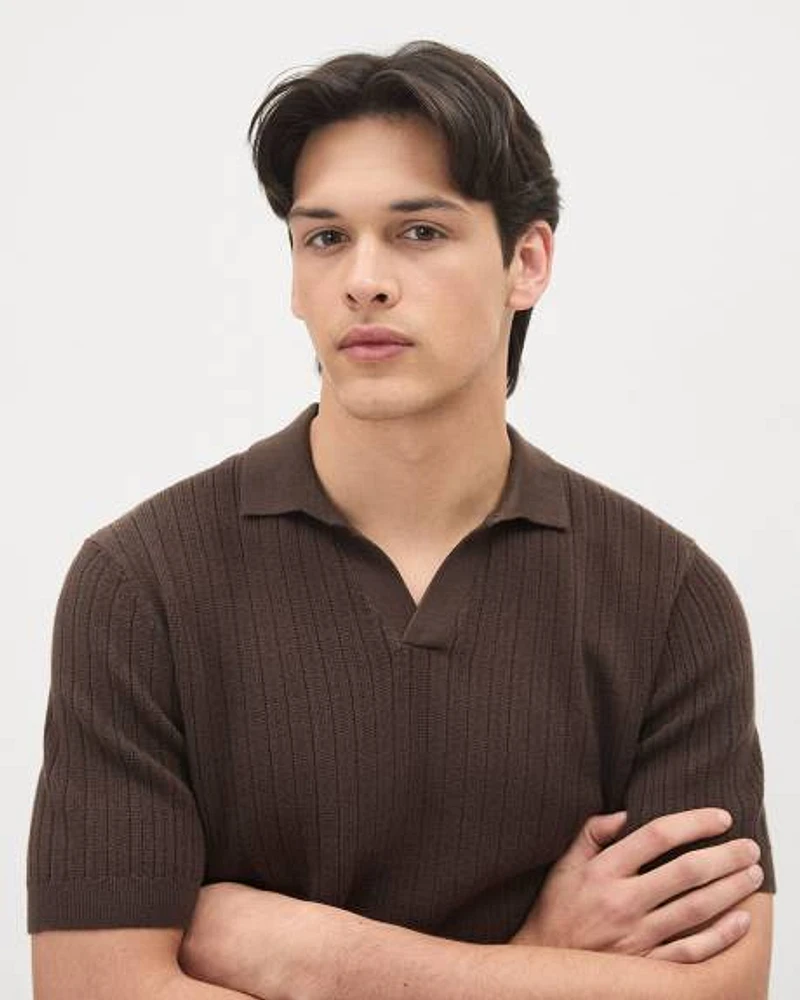 Short-Sleeve Cotton Polo Sweater with Johnny Collar