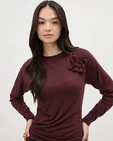 Long-Sleeve Crew-Neck Top with Flower at Chest