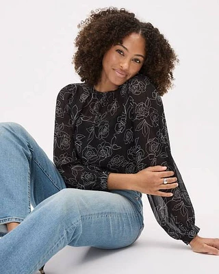 Long-Sleeve Crew-Neck Floral Blouse