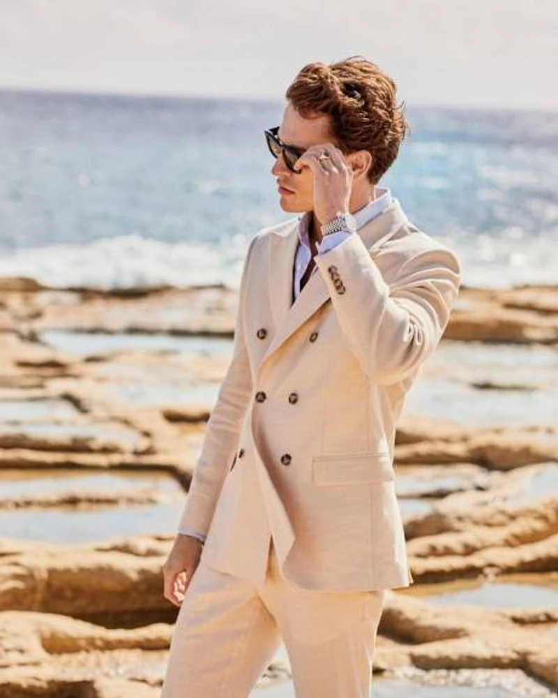 Tailored-Fit Double-Breasted Linen Suit Blazer