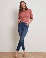 3/4-Sleeve Pointelle Sweater with Cut-Out at Back