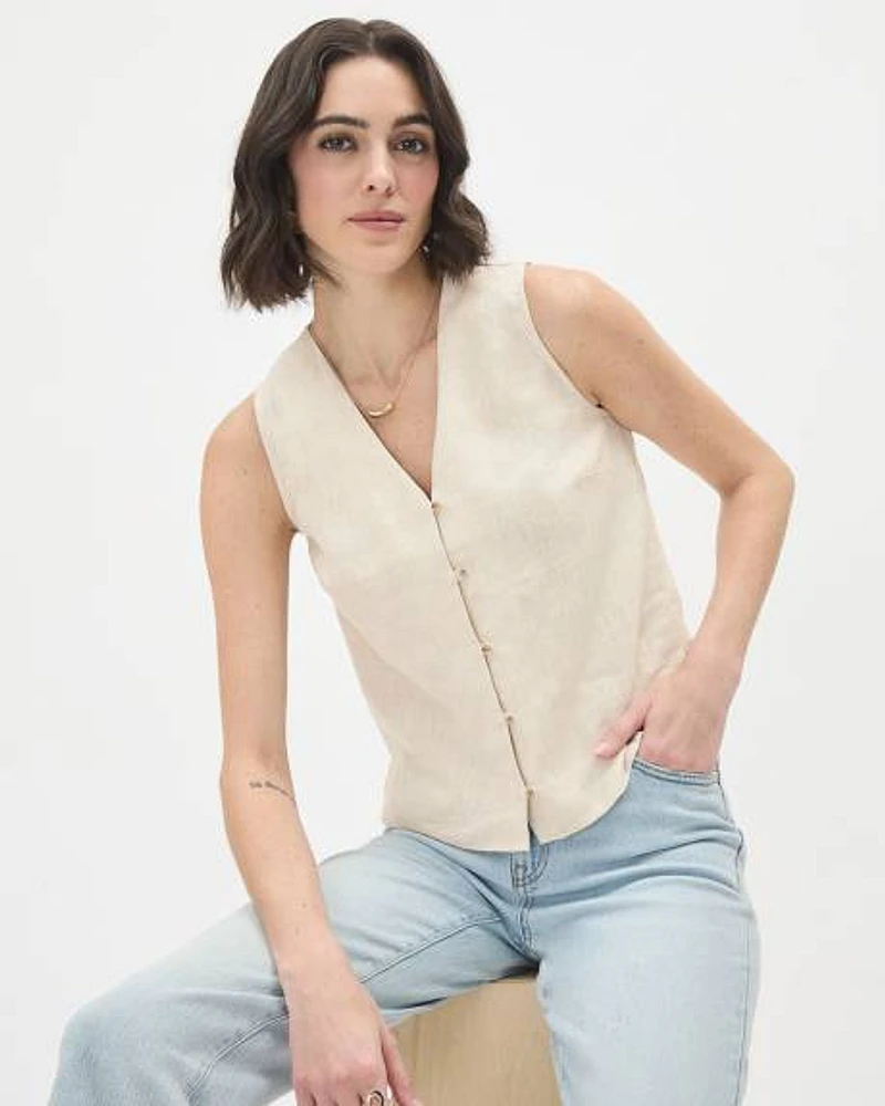 Sleeveless Button-Down Linen Blouse