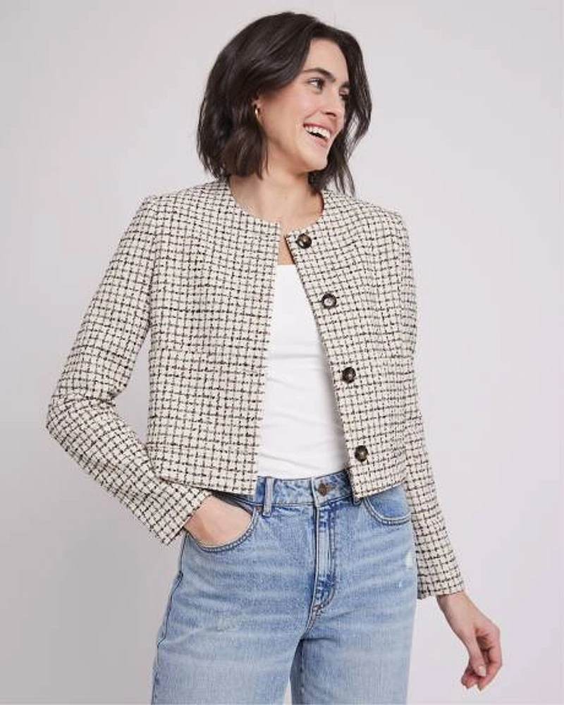 Tweed Long-Sleeve Crew-Neck Cropped Blazer