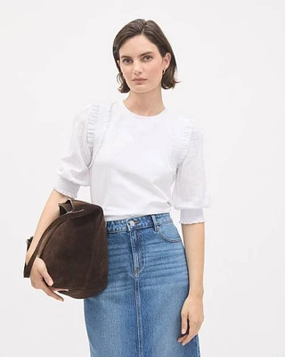 Mix-Media Crew-Neck Top with Puffy Elbow Sleeves