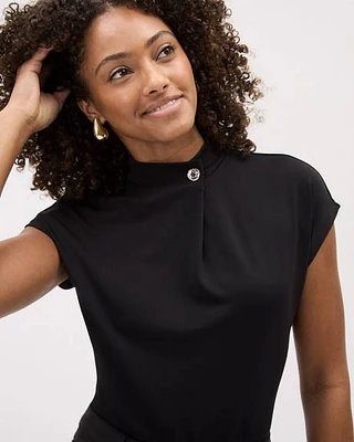 Extended-Sleeve Mock-Neck Top with Button at Neckline