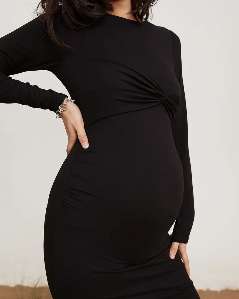 RW&CO Knit Crepe Long Sleeve Midi Dress with Front Twist - Thyme Maternity