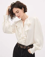 Long-Sleeve Buttoned-Down Satin Blouse with Jabot