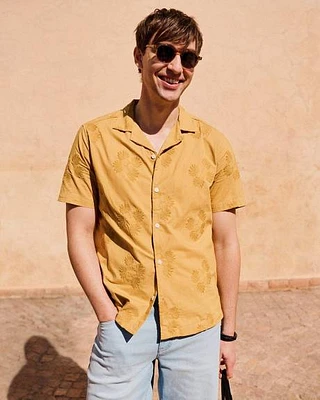 Short-Sleeve Camp-Collar Mustard Shirt with Embroidered Details