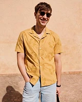 Short-Sleeve Camp-Collar Mustard Shirt with Embroidered Details