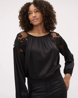 Blouse Satinée à Manches Longues avec Broderies Florales