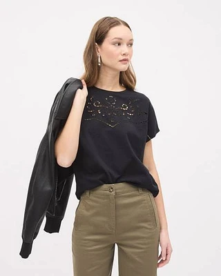 Extended-Sleeve Crew-Neck Top with Eyelet Pattern