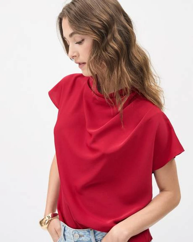 Short-Sleeve Mock-Neck Twill Popover Blouse