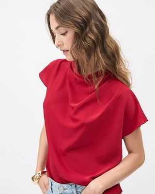 Short-Sleeve Mock-Neck Twill Popover Blouse