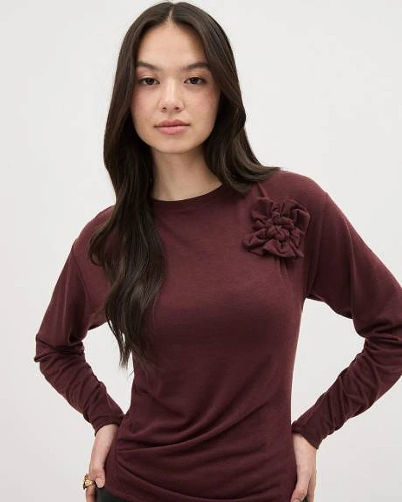 Long-Sleeve Crew-Neck Top with Flower at Chest