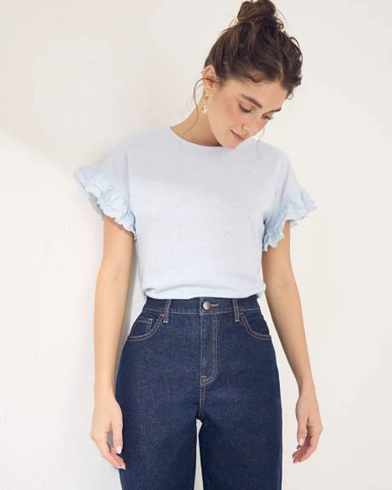 Extended-Sleeve Crew-Neck Top with Ruffles