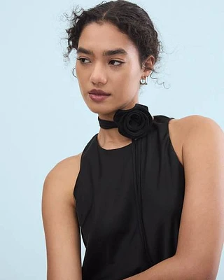 Sleeveless Crew-Neck Satin Blouse with Flower Neck Band