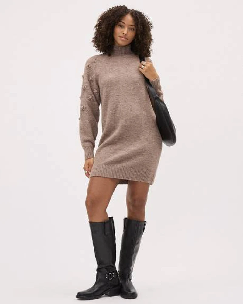 Long-Sleeve Crew-Neck Spongy Dress with 3D Flowers