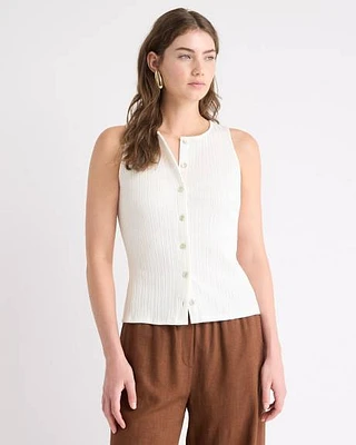 Sleeveless Crew-Neck Ribbed Buttoned-Down Top