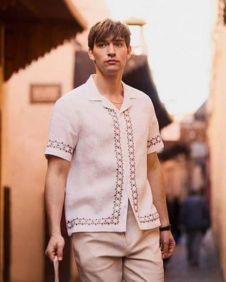 Short-Sleeve Camp-Collar Linen Shirt with Embroidered Details