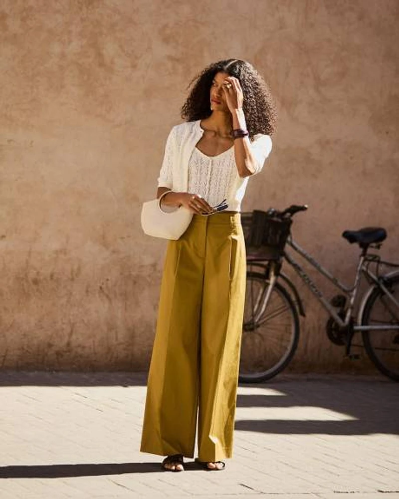Pantalon en Popeline à Taille Haute et Jambe Large