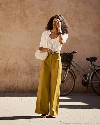 Pantalon en Popeline à Taille Haute et Jambe Large
