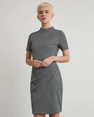 Short-Sleeve Herringbone Dress with Wrap Skirt