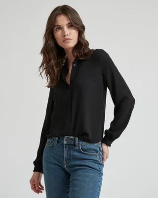 RW&Co Silky Crepe High-Neck Buttondown Blouse with Ruffles women