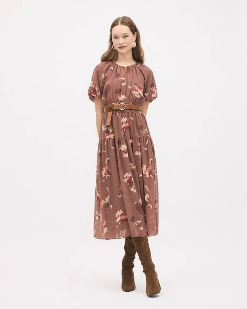 Short-Puffy-Sleeve Midi Dress with Crew Neckline