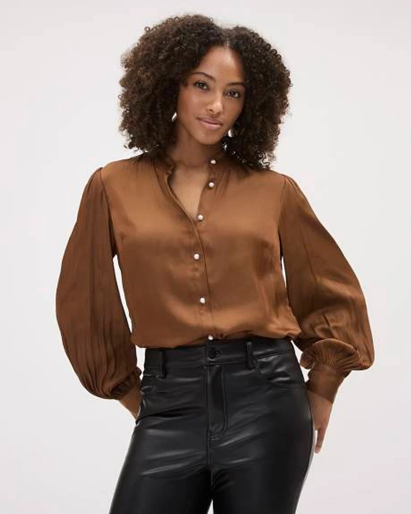 Long-Puffy-Sleeve Buttoned-Down Satin Blouse