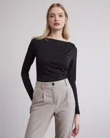 Boat-Neck Long-Sleeve Top with Shirring