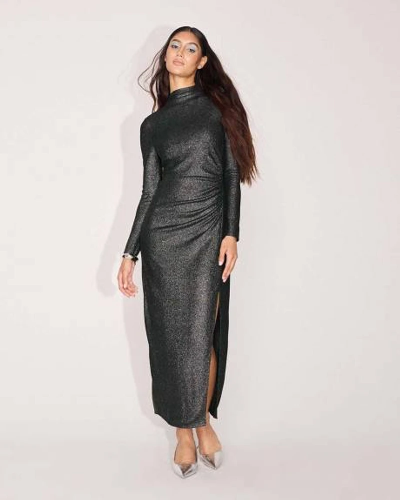 Long-Sleeve Mock-Neck Maxi Dress with Metallic Fibres